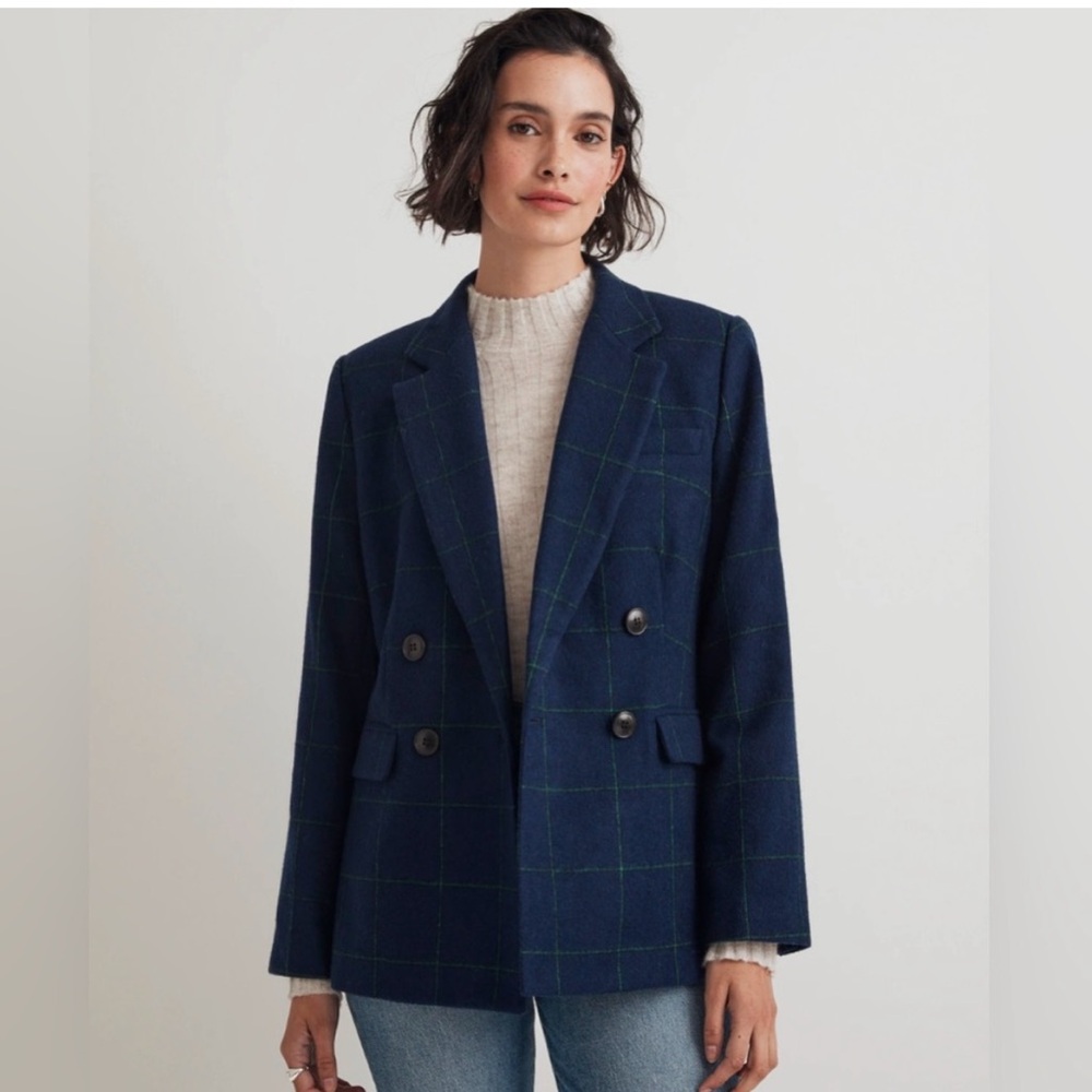 Madewell Navy Windowpane Blazer with Green Check